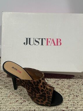 JustFab Leopard-Print Open-Toe Mule in Brown and Black